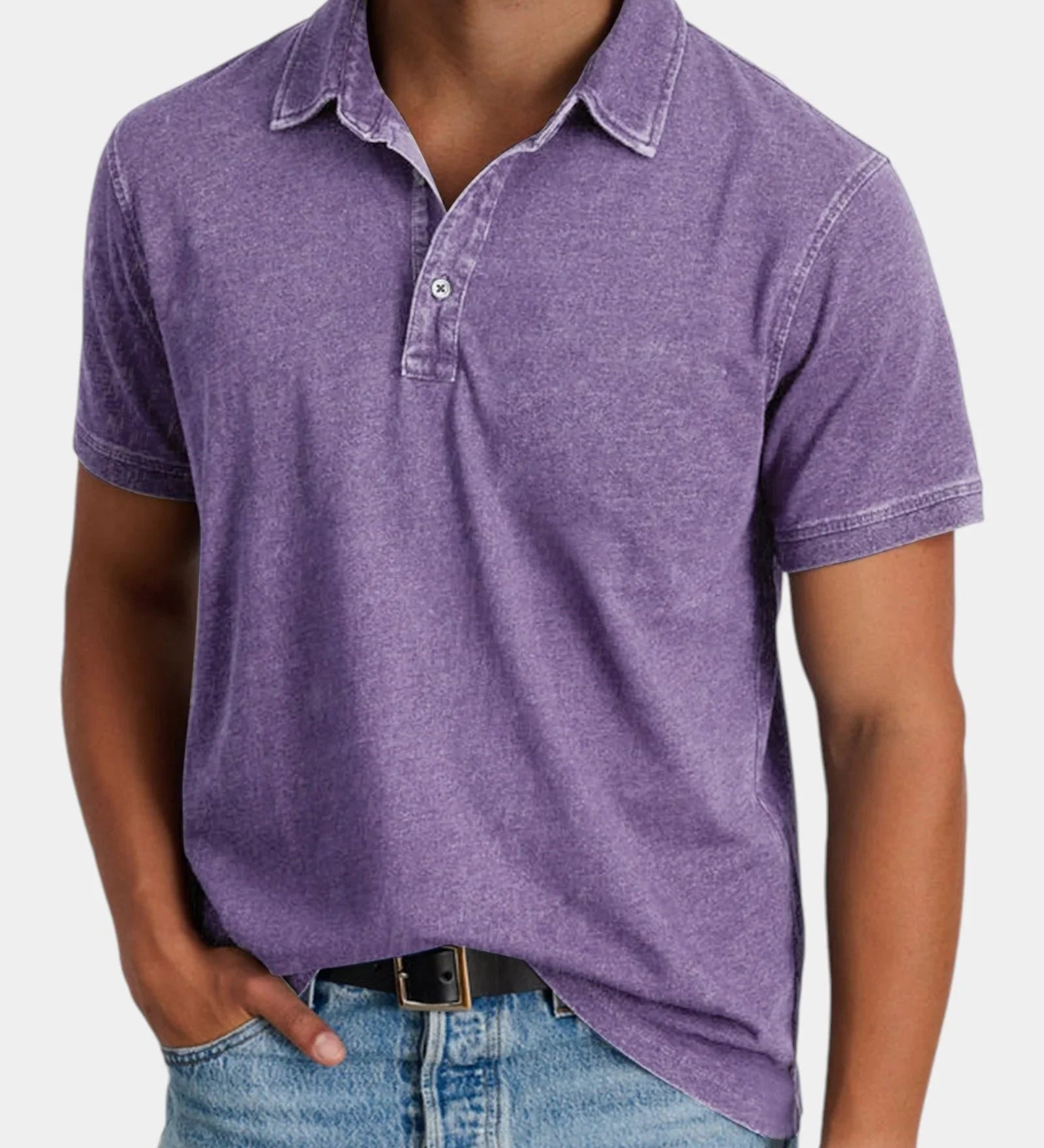 Purple classic polo shirt with short sleeves, button placket, and collared neckline