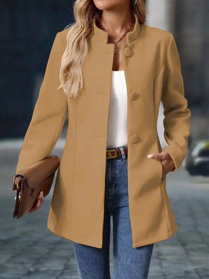 Camel blazer jacket with notched lapel, button front, and long sleeves