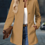 Camel blazer jacket with notched lapel, button front, and long sleeves