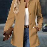 Camel blazer jacket with notched lapel, button front, and long sleeves