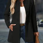 Black button-front blazer jacket with notched lapel and long sleeves