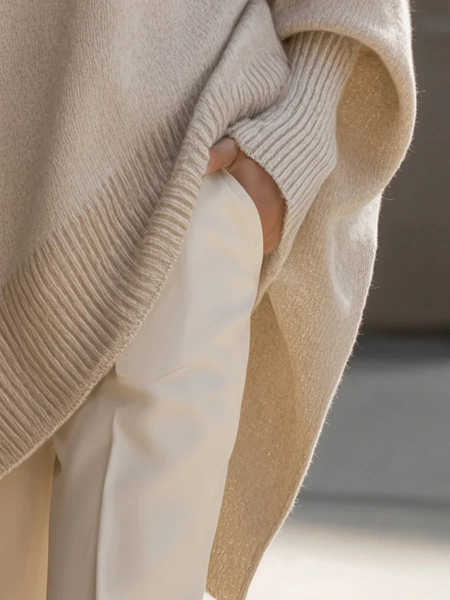 Oversized knit sweater, beige, close-up of ribbed cuff and hem edge