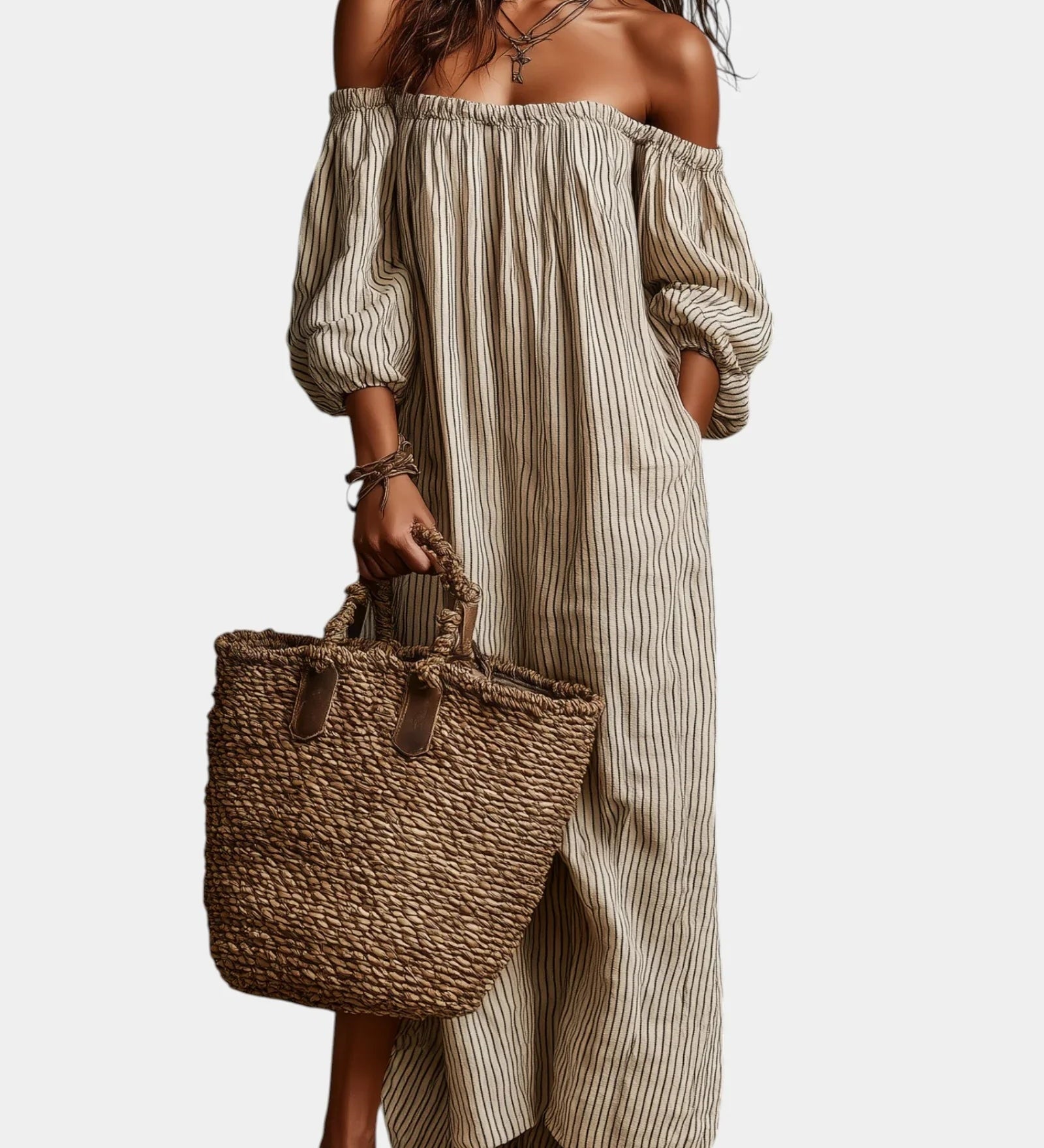 Khaki off-shoulder maxi dress with vertical stripes and gathered neckline, balloon sleeves.