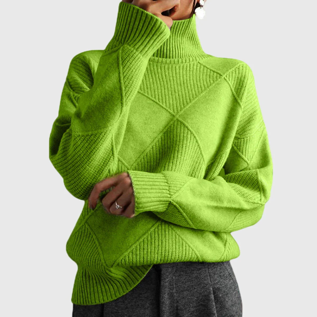 Lauren high-neck pullover sweater, ribbed high neck, bright green knit with diamond pattern