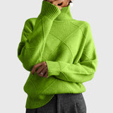 Lauren high-neck pullover sweater, ribbed high neck, bright green knit with diamond pattern