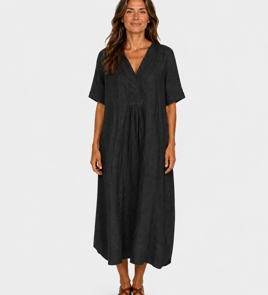 Black midi dress with V-neck, short sleeves, gathered waist and relaxed fit