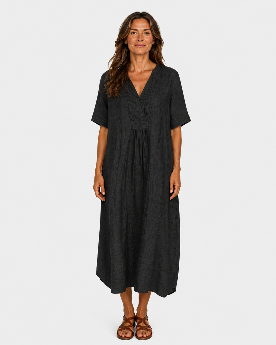 Black midi dress with V-neck, short sleeves, gathered waist and relaxed fit