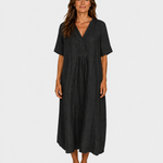 Black midi dress with V-neck, short sleeves, gathered waist and relaxed fit