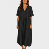 Black midi dress with V-neck, short sleeves, gathered waist and relaxed fit