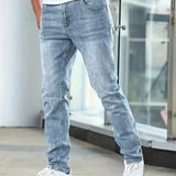 Light blue casual stretch jeans with tapered straight legs and five-pocket layout