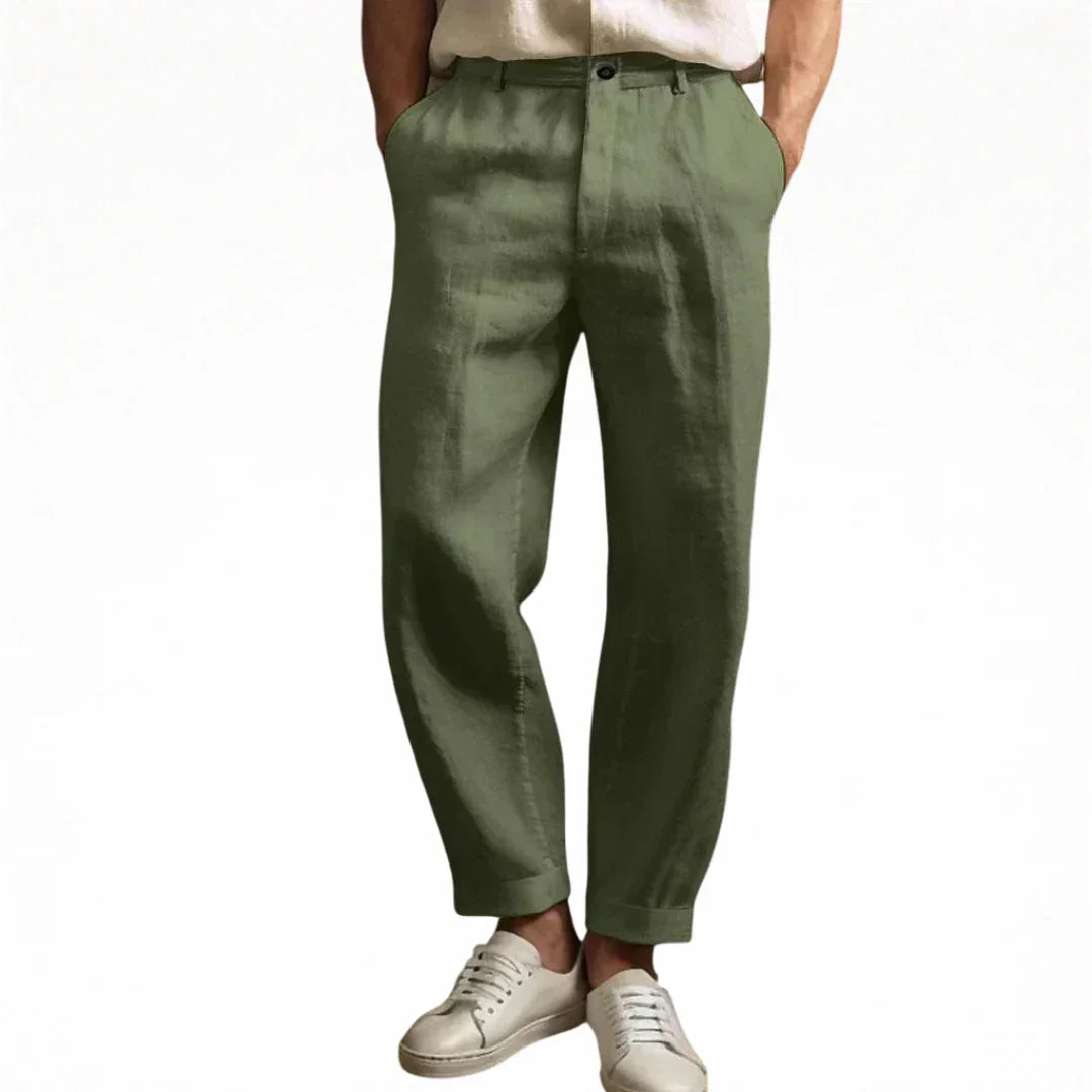 Khaki green summer pants with button waistband, tapered ankle-length cuffs