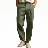 Khaki green summer pants with button waistband, tapered ankle-length cuffs