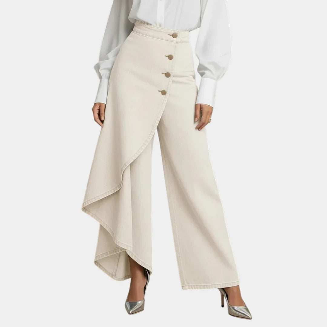 High-waisted wide-leg jeans in beige, button front with draped side hem