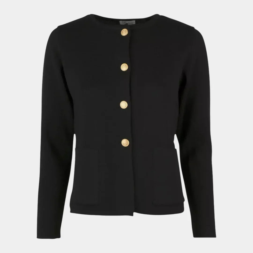 Black merino wool cardigan with center button placket and gold buttons