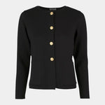 Black merino wool cardigan with center button placket and gold buttons