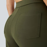 Olive-green back patch pocket on high-rise wide-leg pants