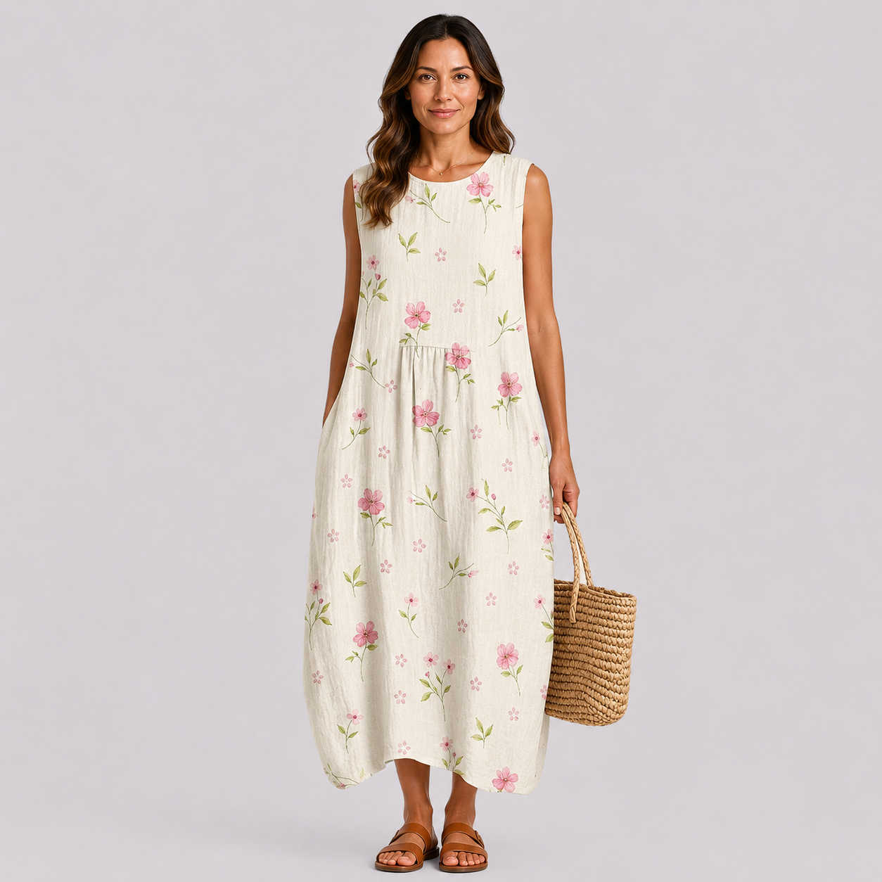 Sleeveless cream floral midi dress with pink blossoms and gathered waist