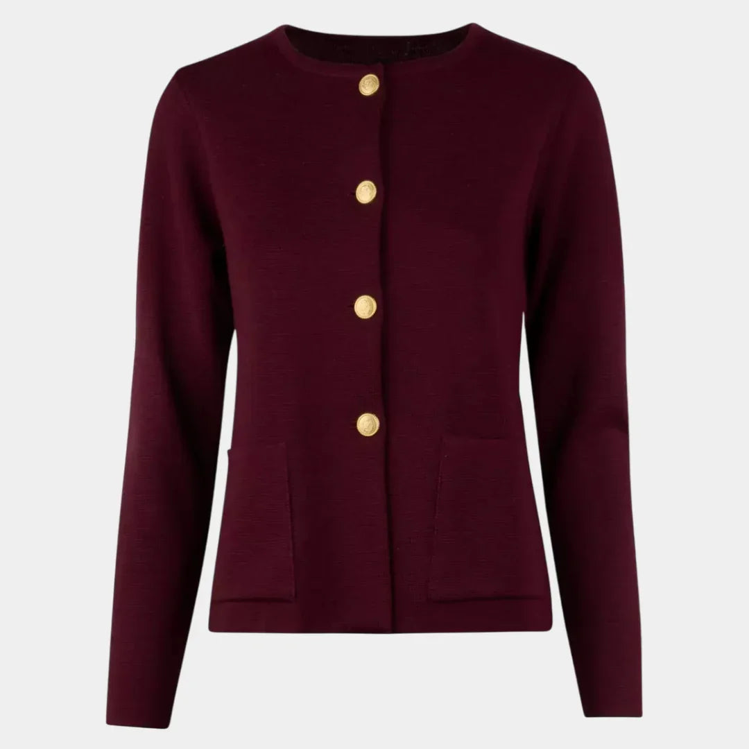 Merino wool cardigan in burgundy, button-front with gold buttons and side pockets