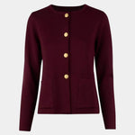 Merino wool cardigan in burgundy, button-front with gold buttons and side pockets