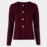 Merino wool cardigan in burgundy, button-front with gold buttons and side pockets