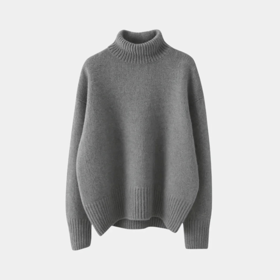 Gray soft turtleneck sweater with ribbed collar, cuffs, and hem, long sleeve knit pullover.