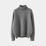 Gray soft turtleneck sweater with ribbed collar, cuffs, and hem, long sleeve knit pullover.