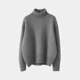 Gray soft turtleneck sweater with ribbed collar, cuffs, and hem, long sleeve knit pullover.