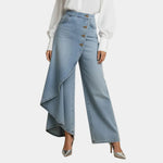 High-waisted wide-leg jeans in light blue wash, button front and draped side hem