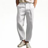 White summer pants with button waistband, tapered ankle-length cuffs