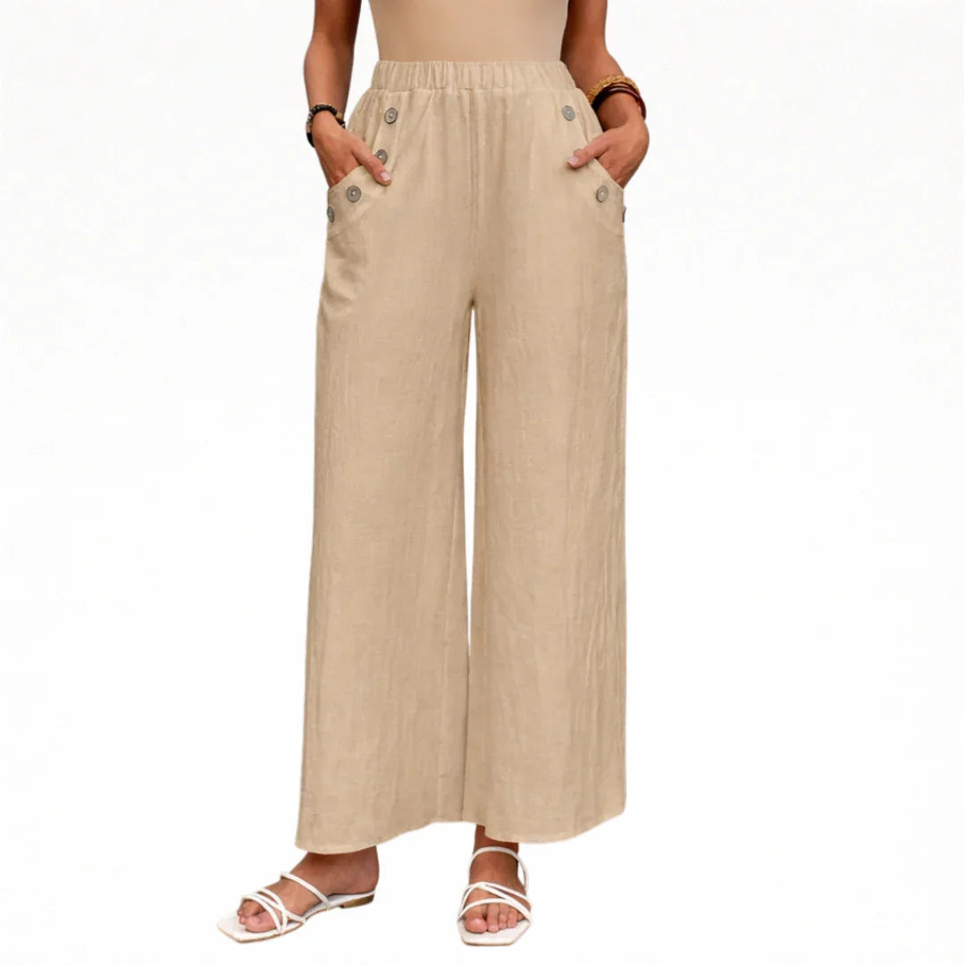 Khaki wide-leg pants with elastic waist and button-accent side pockets