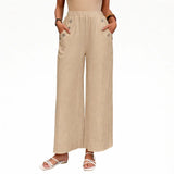 Khaki wide-leg pants with elastic waist and button-accent side pockets
