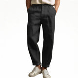 Black summer pants with button waistband, tapered ankle-length cuffs