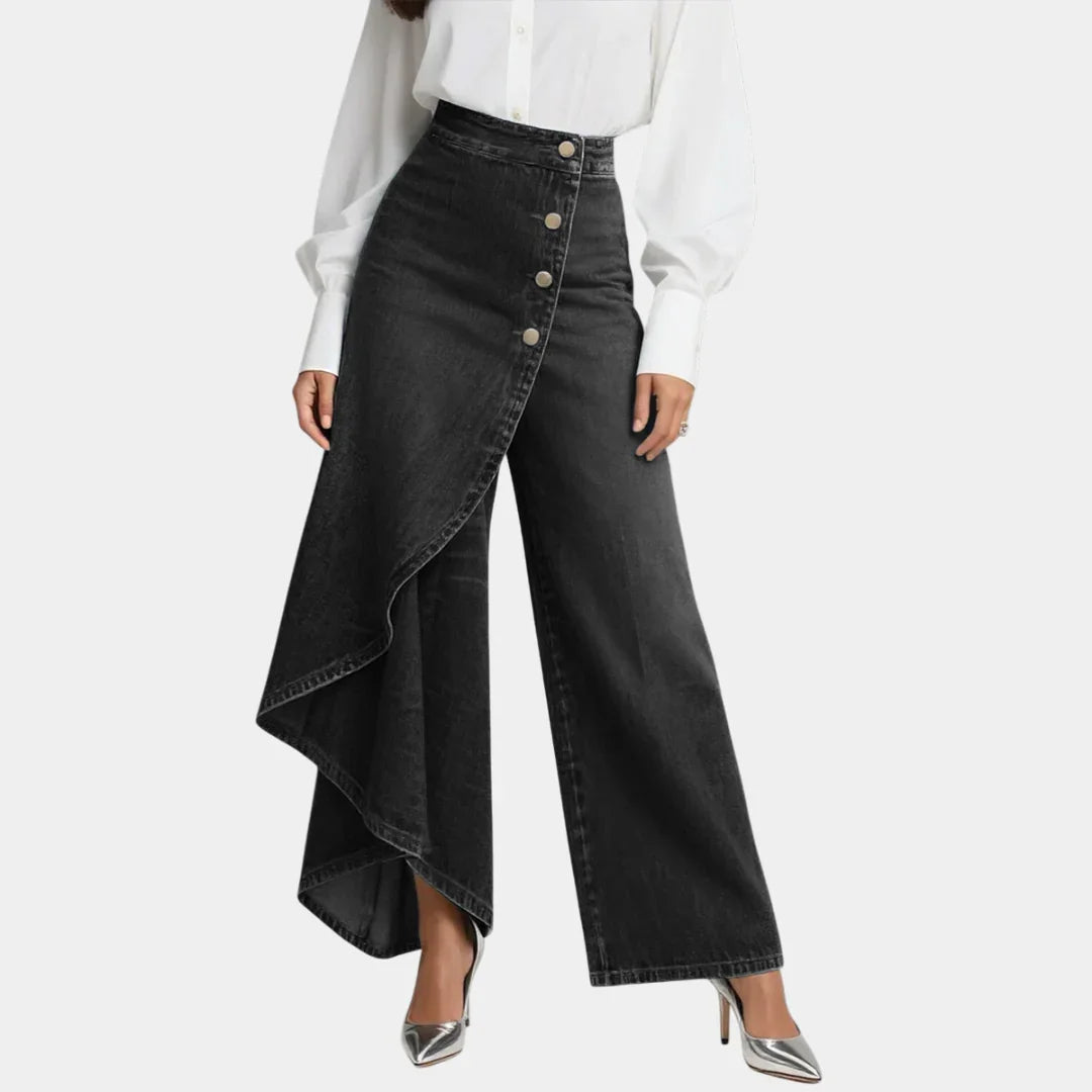 High-waisted wide-leg jeans in black, button front with draped side hem panel