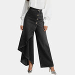 High-waisted wide-leg jeans in black, button front with draped side hem panel
