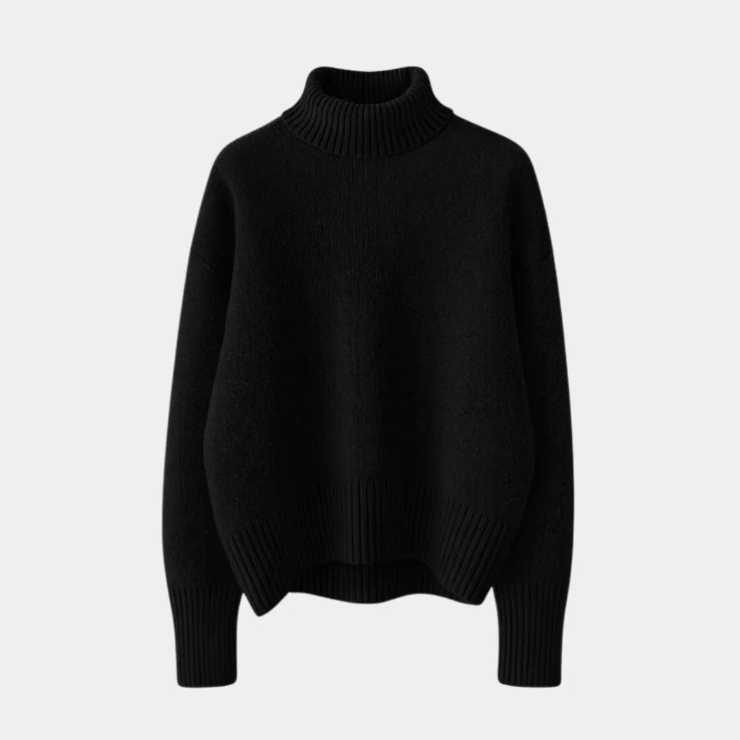 Black soft turtleneck sweater with ribbed collar, cuffs, and hem, long sleeve knit pullover.