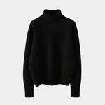 Black soft turtleneck sweater with ribbed collar, cuffs, and hem, long sleeve knit pullover.