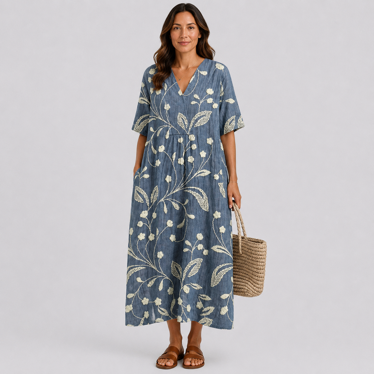 Women's blue floral short-sleeve midi dress with V-neck, linen-like weave