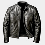 Black vintage leather-effect jacket, zip front with stand collar and side zippers