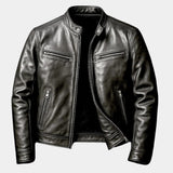 Black vintage leather-effect jacket, zip front with stand collar and side zippers