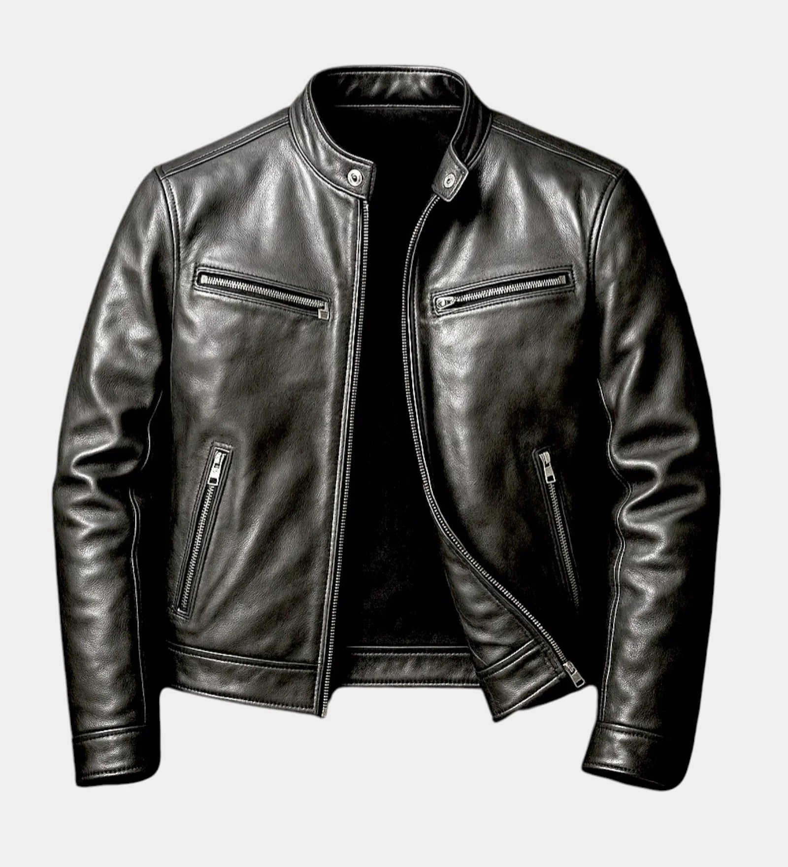 Black vintage leather-effect jacket, zip front with stand collar and side zippers