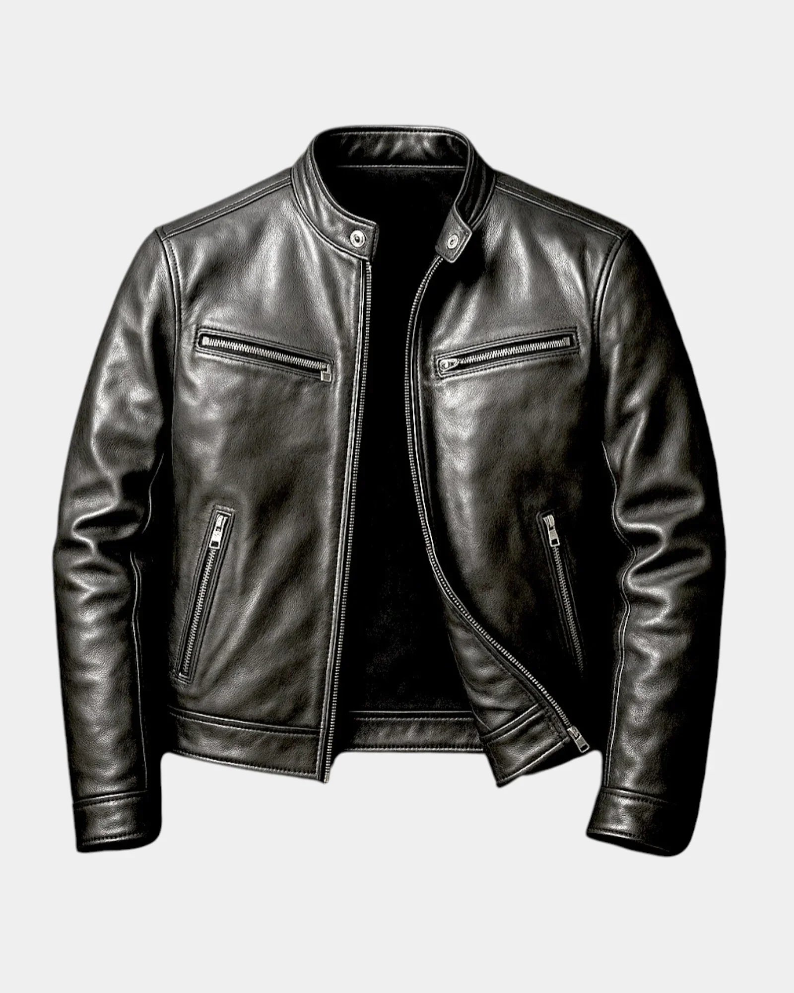 Black vintage leather-effect jacket, zip front with stand collar and side zippers