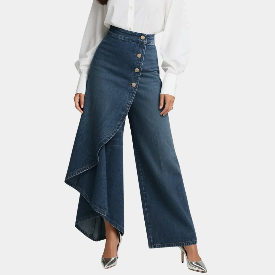 High-waisted wide-leg jeans in blue wash, button front with draped side hem panel