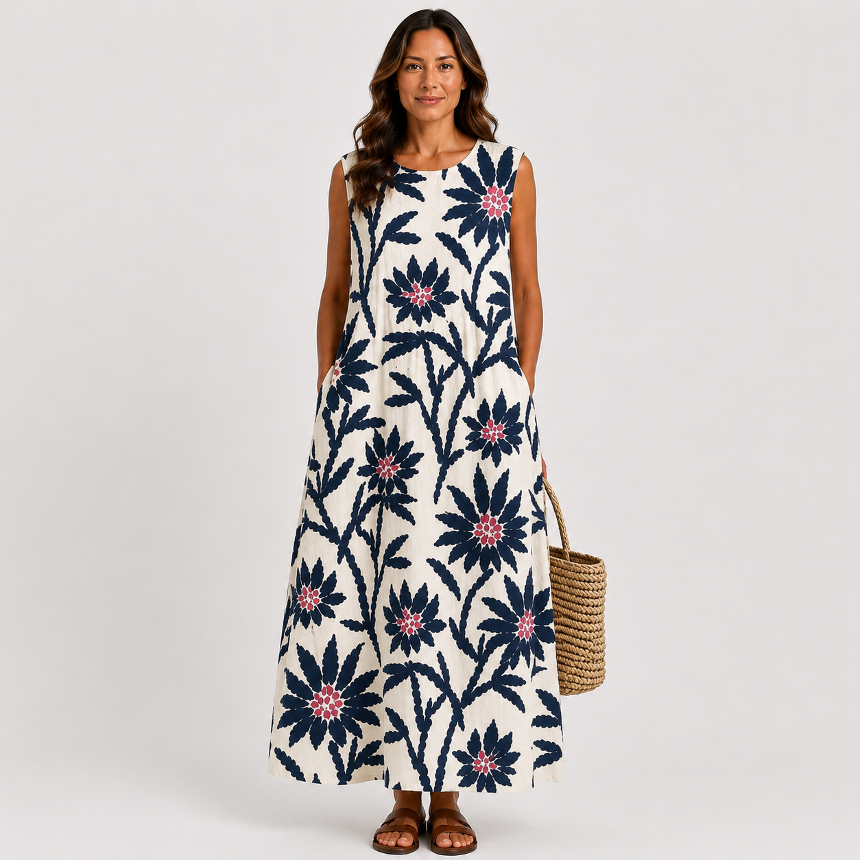 Sleeveless summer dress in navy and cream with red floral print, A-line