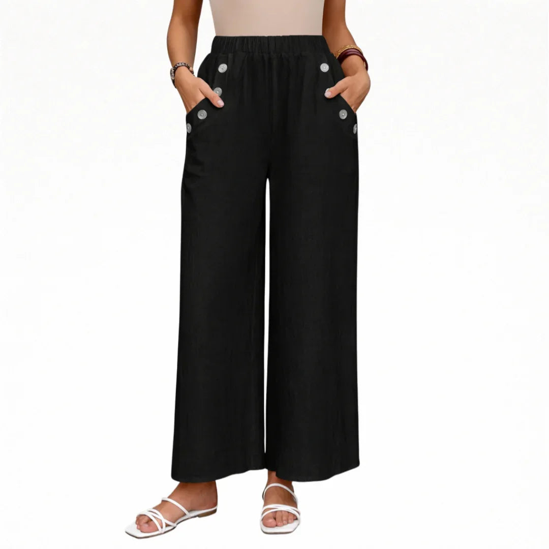 Black wide-leg pants with elastic waist and decorative button pockets
