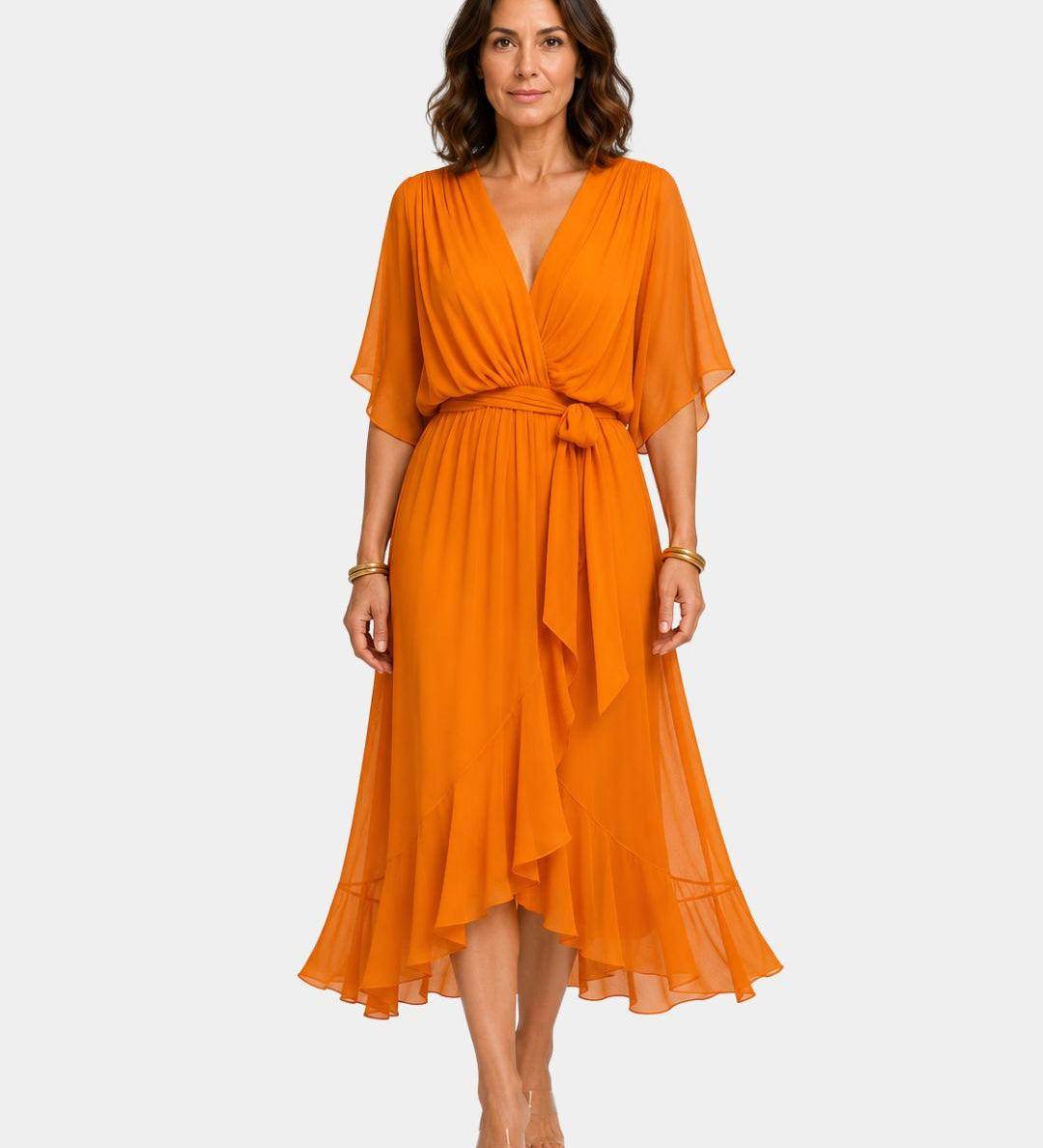 Orange chiffon V-neck wrap dress with tie waist, flutter sleeves and layered midi hem