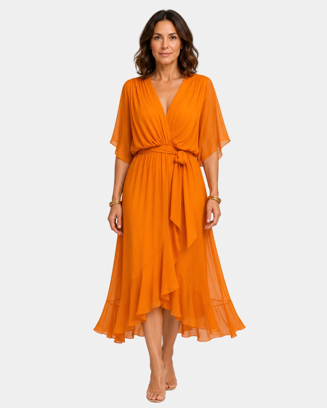 Orange chiffon V-neck wrap dress with tie waist, flutter sleeves and layered midi hem