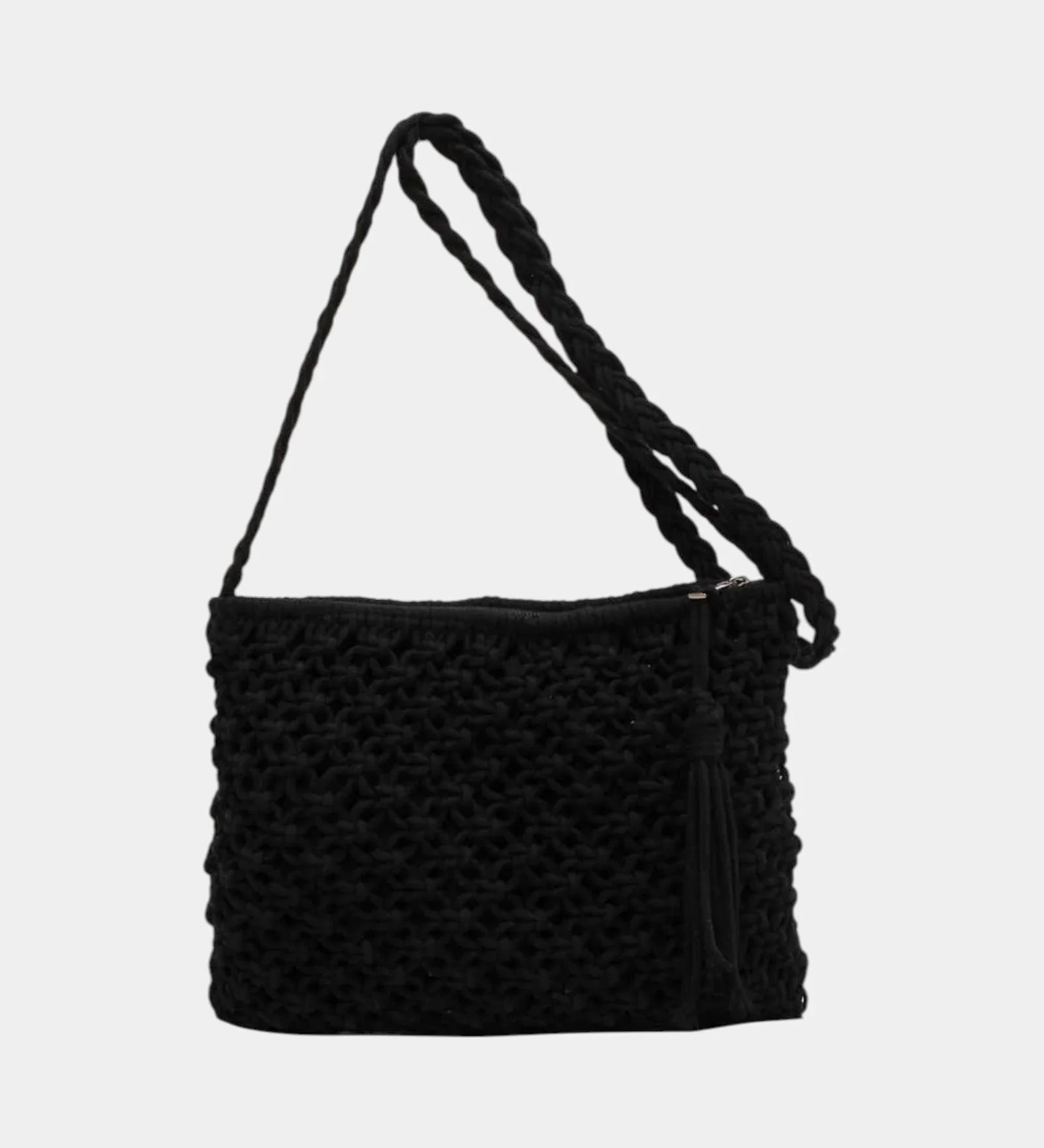 Black woven shoulder bag with textured front and braided strap
