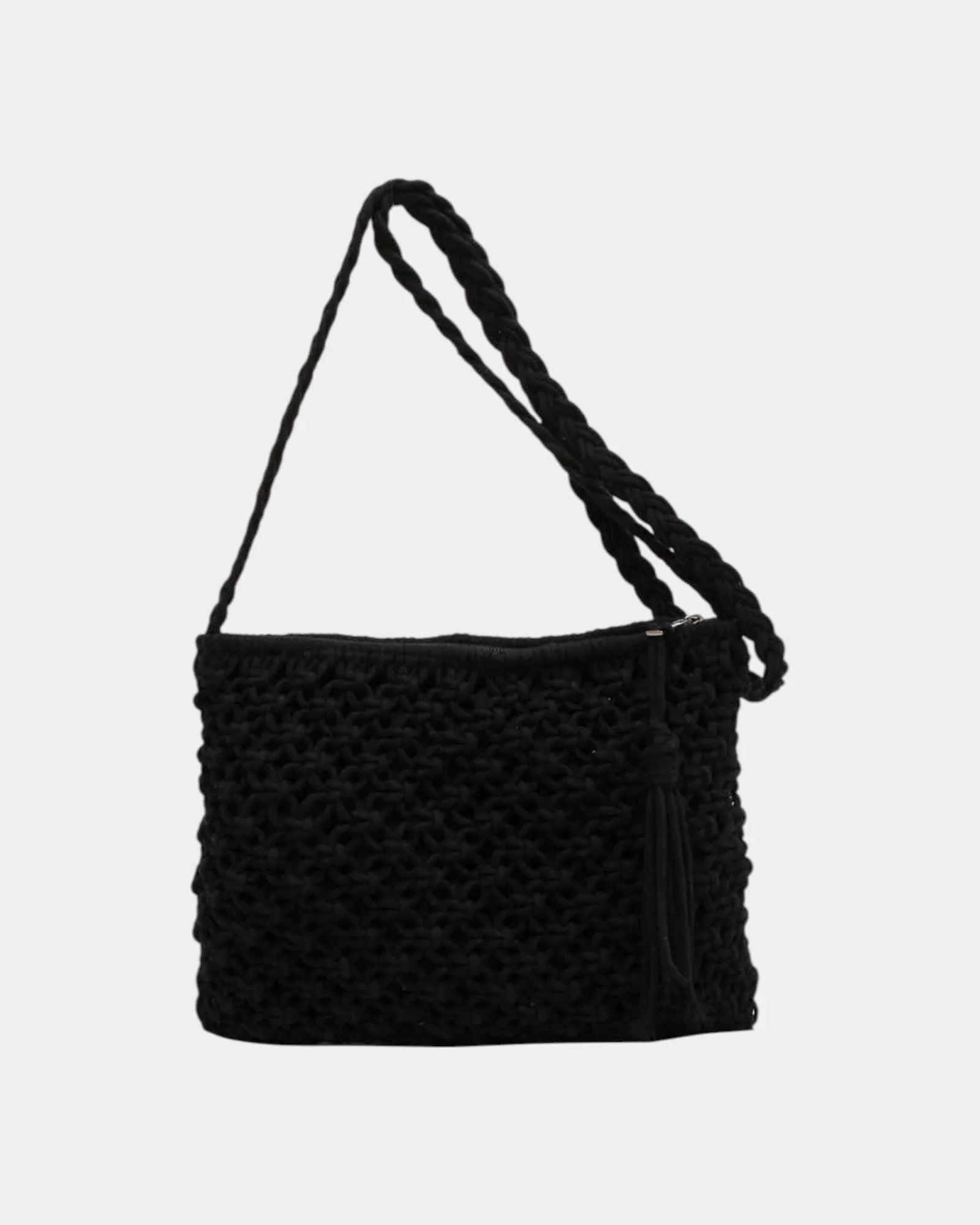 Black woven shoulder bag with textured front and braided strap