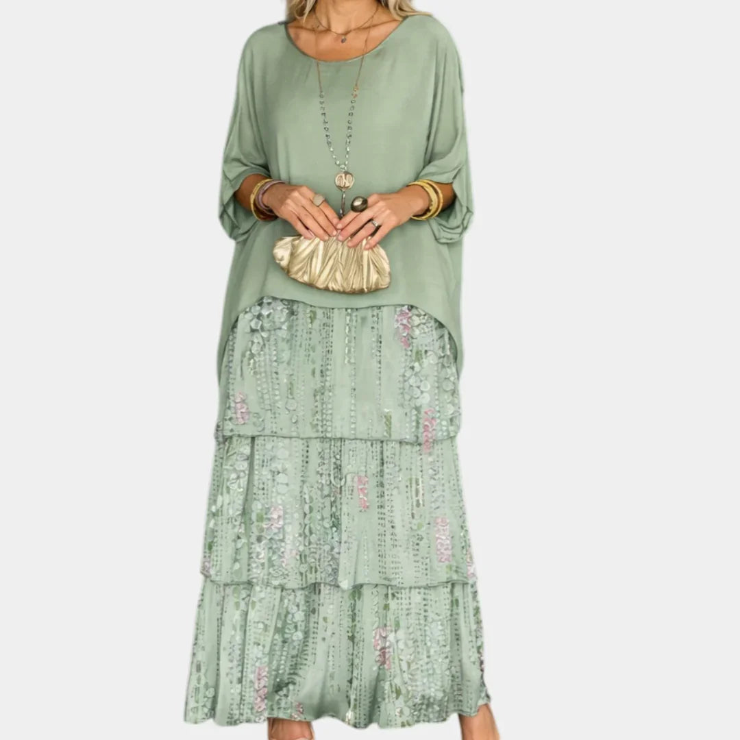 Sage green tiered maxi dress with light mint patterned skirt layers