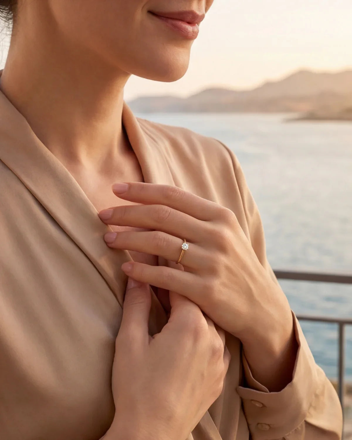 Elegant solitaire ring with round gemstone on finger